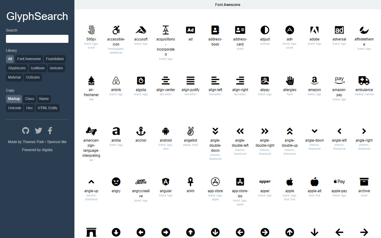 Search for icons from libraries including Font Awesome, Foundation, Glyphicons, IcoMoon, Ionicons, Material Design, and Octicons.