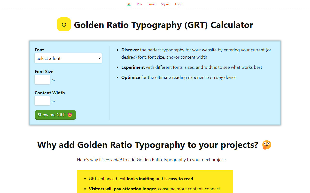 Web-based tool for generating golden ratio-based typography scales using Google Fonts, perfect for setting consistent sizing and spacing.