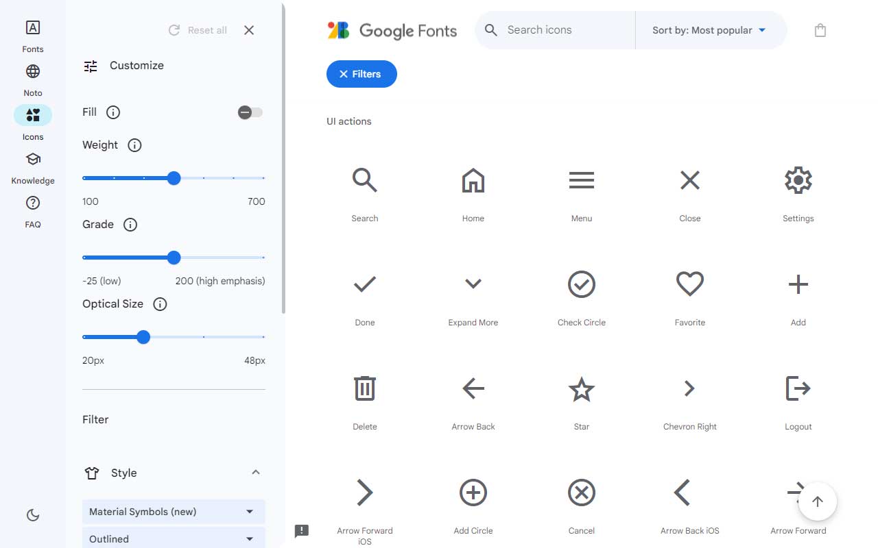 Get access to a library of Google icons for common actions and items.