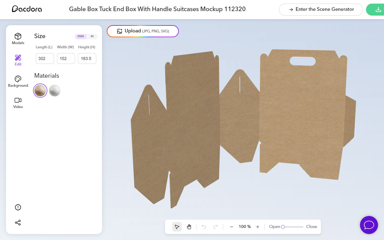 A mockup tool that is all about packaging. Download templates, dielines, and render with an online 3D packaging creator.