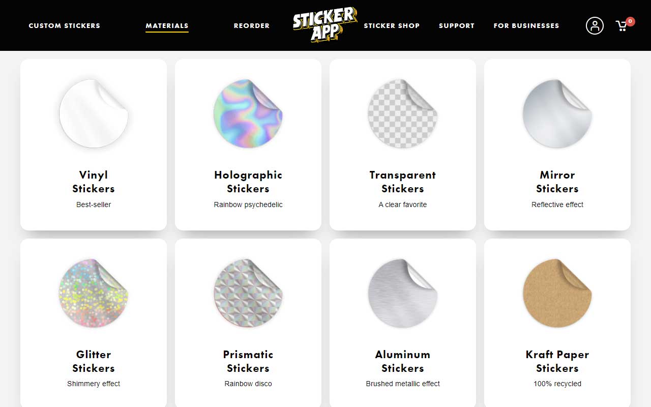 On-demand custom sticker printing platform offering a wide selection of materials, finishes, and fully customizable die-cut options.