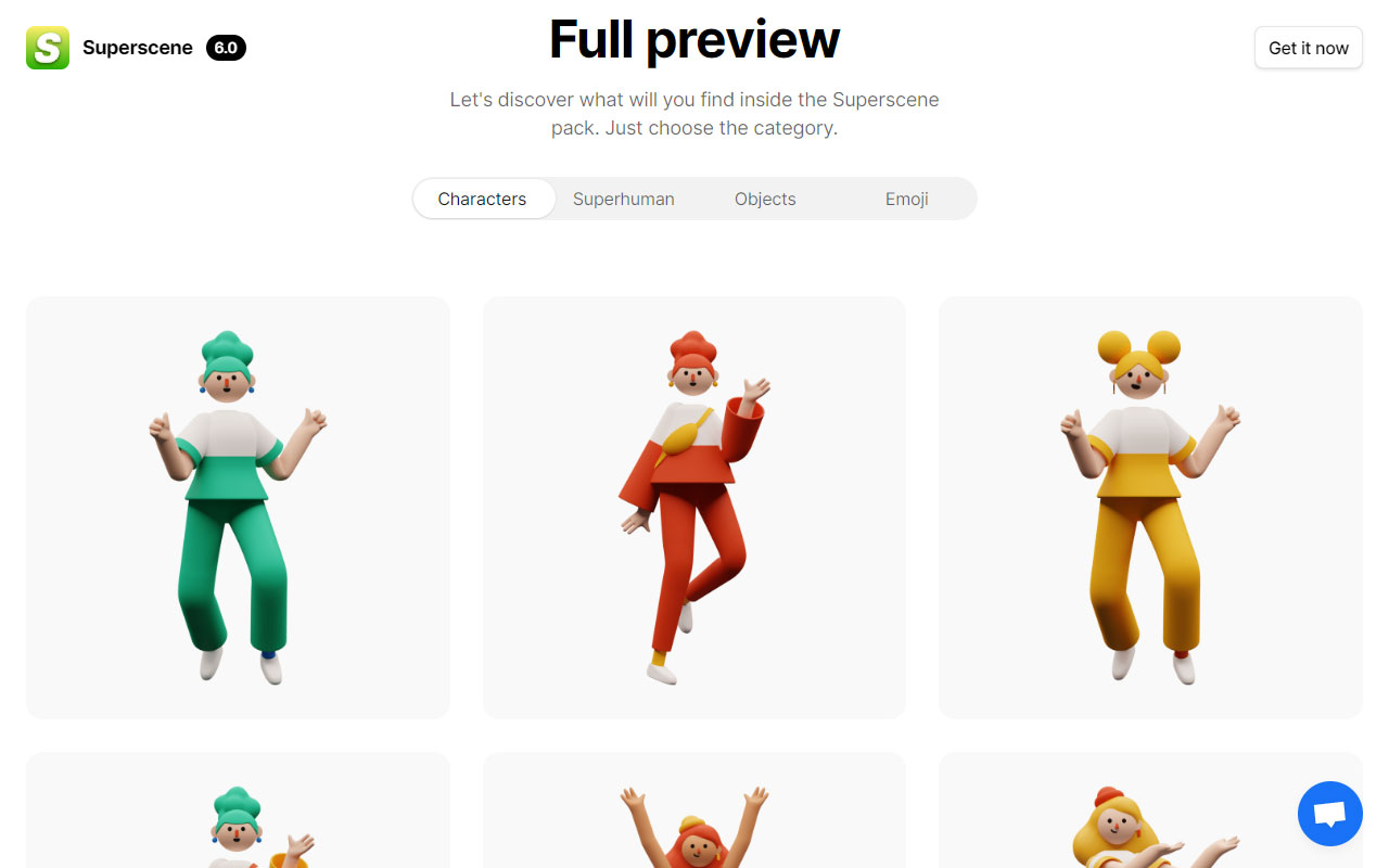 Extensive 3D illustration library featuring customizable characters, objects, and emojis, compatible with Blender and Figma.