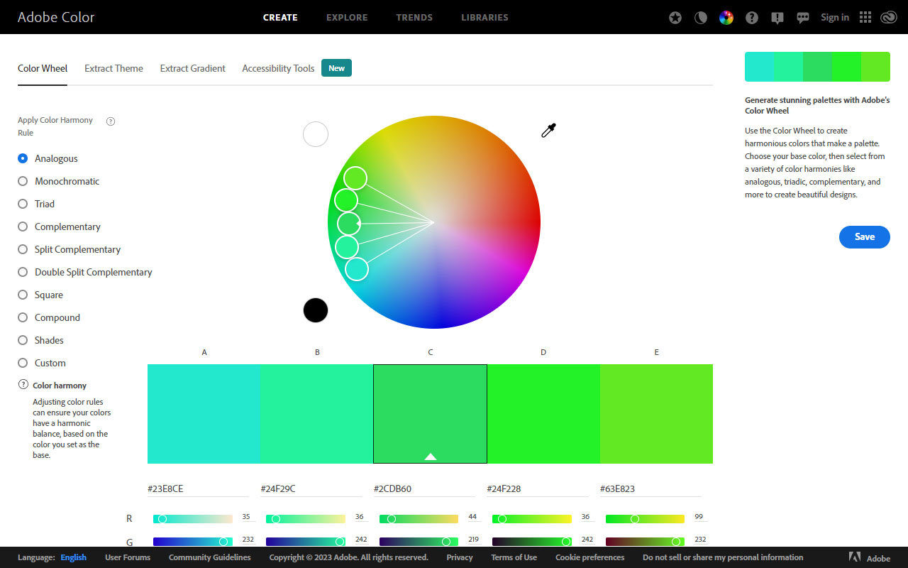 Color tool for building palettes, pulling themes from images, and syncing color systems across your Adobe apps.