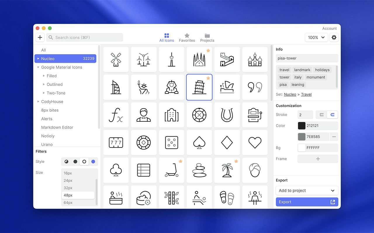 A comprehensive library of customizable vector icons.