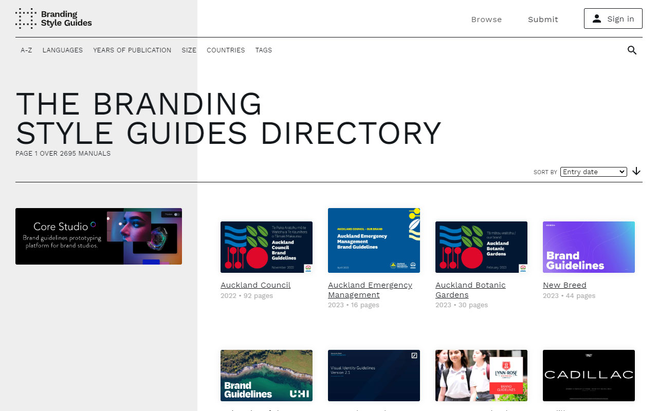 Online archive of brand manuals and identity guidelines from global companies, submitted for design inspiration and educational purposes.