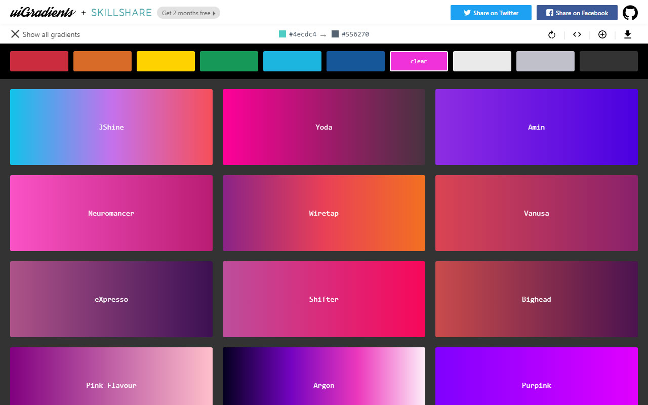 A community-contributed collection of color gradients for design projects, with easy-to-use CSS snippets and fresh, trending hues.