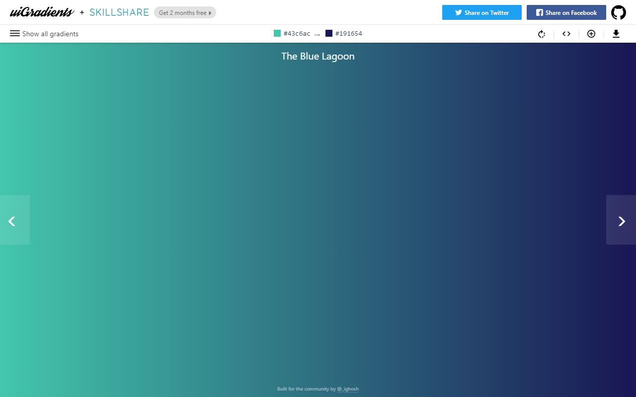 A community-contributed collection of color gradients for design projects, with easy-to-use CSS snippets and fresh, trending hues.