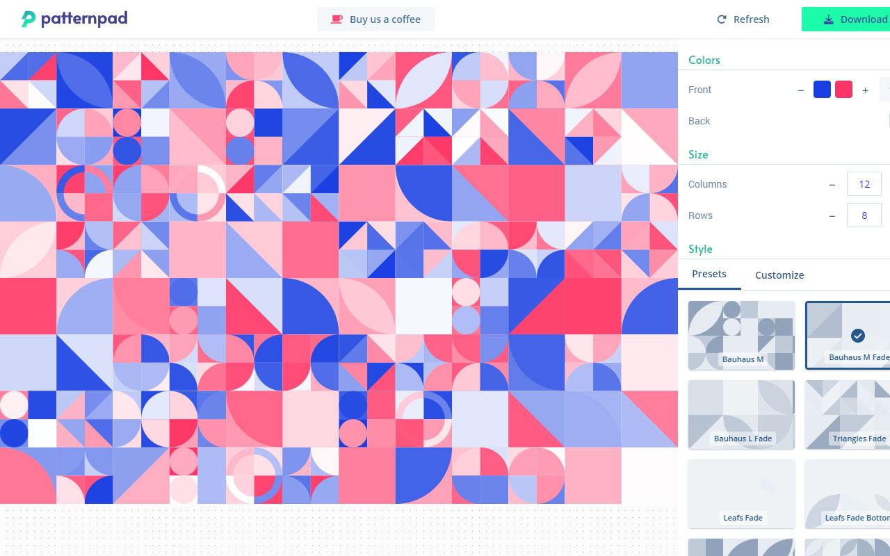 A design tool offering unlimited unique pattern designs for branding, presentations, and social media, with SVG vector format export for universal use.