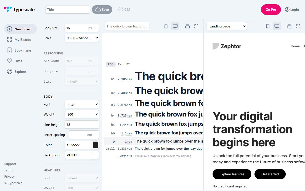 A typography design tool that aids in building and applying scalable type systems, equipped with features for direct CSS export.