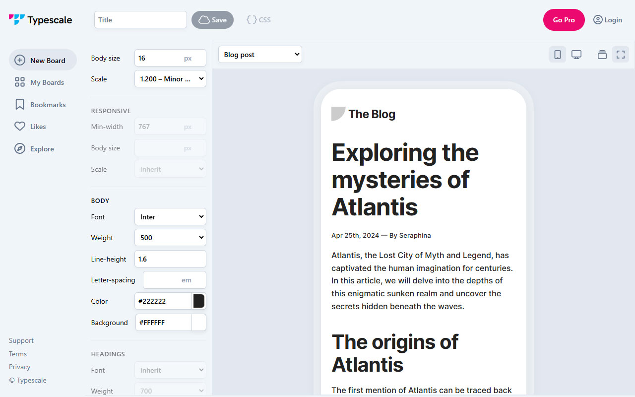 A typography design tool that aids in building and applying scalable type systems, equipped with features for direct CSS export.