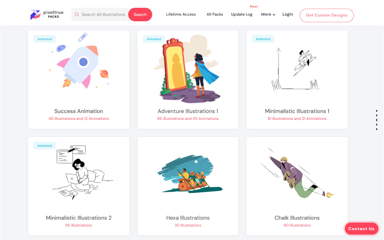 Stock illustration packs with consistent styles, available in SVG and PNG formats. Some packs include animations and lifetime access is an option.