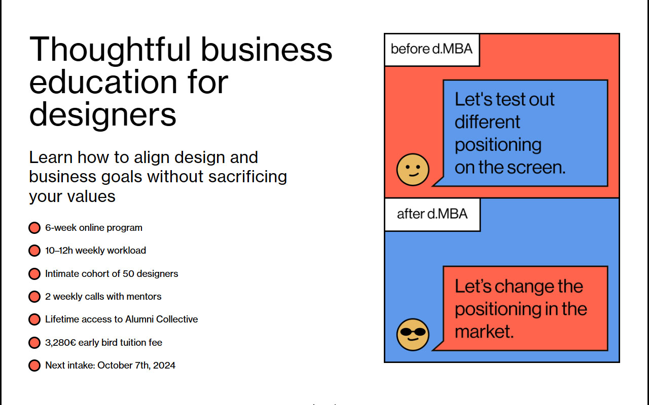 Six-week online business course designed for experienced designers, focusing on rapid skill acquisition and practical business knowledge.