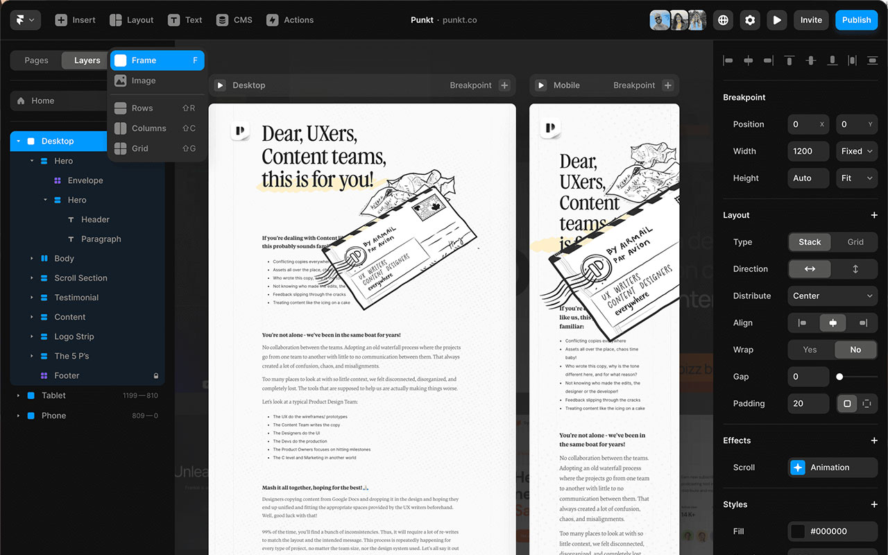 A no-code web design tool that combines layout, animation, and publishing—all in one live, browser-based editor.