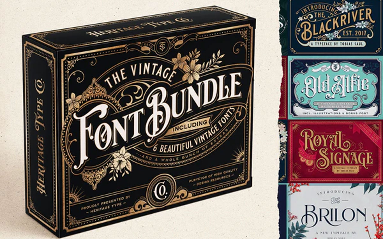 A collection of vintage and historically styled fonts and illustrations.