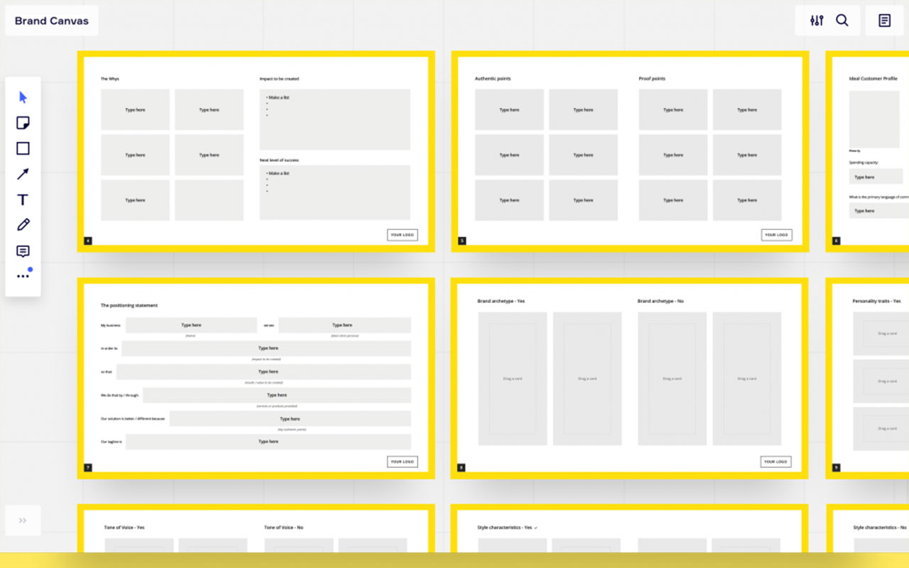 Creative branding tools to help build and refine brand identities through strategy templates and visual assets.