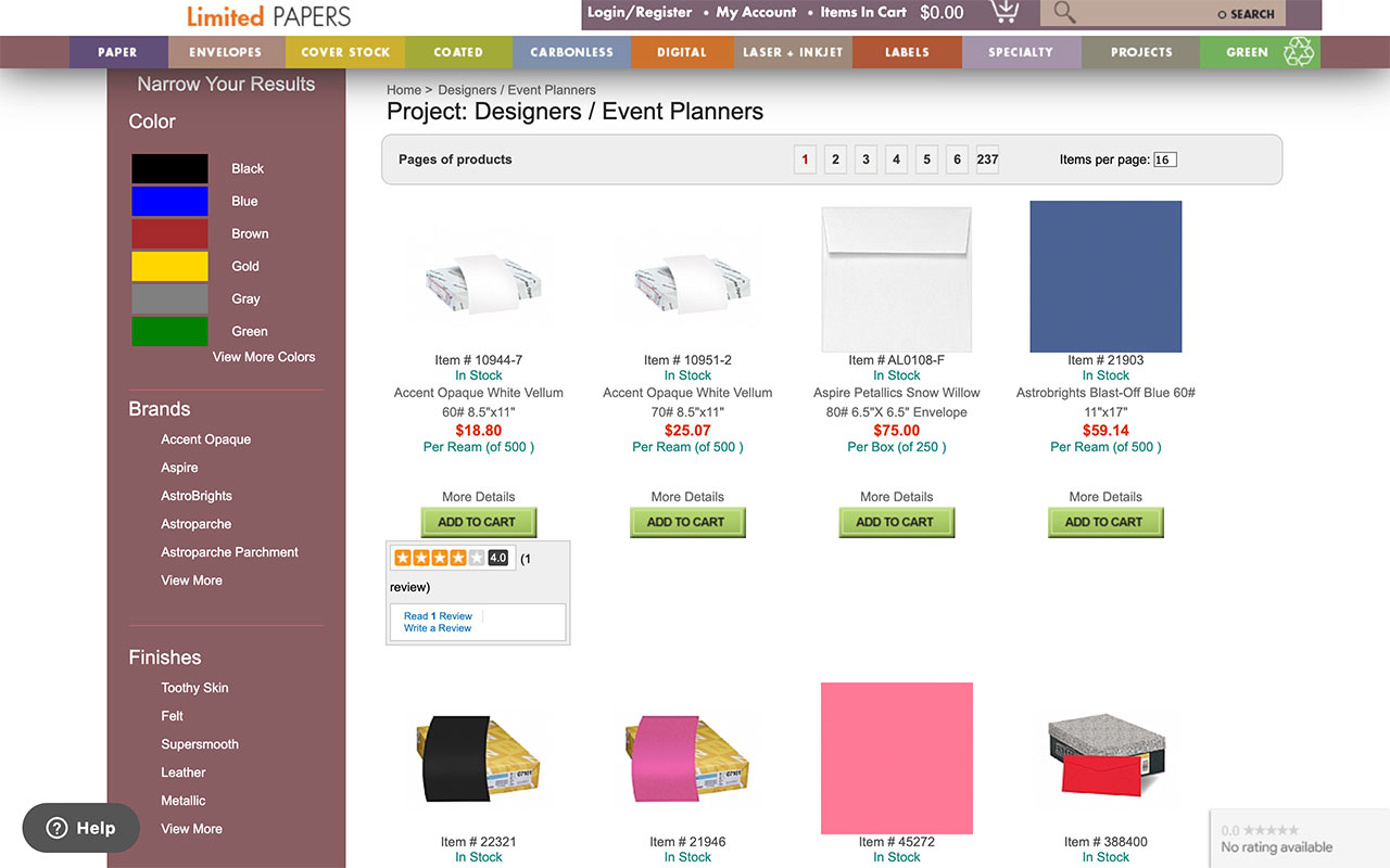 Supplier of specialty paper products, including envelopes, card stock, and packaging options.