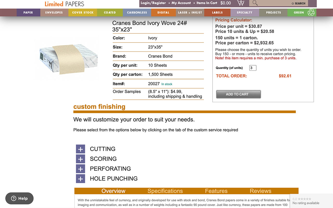 Supplier of specialty paper products, including envelopes, card stock, and packaging options.