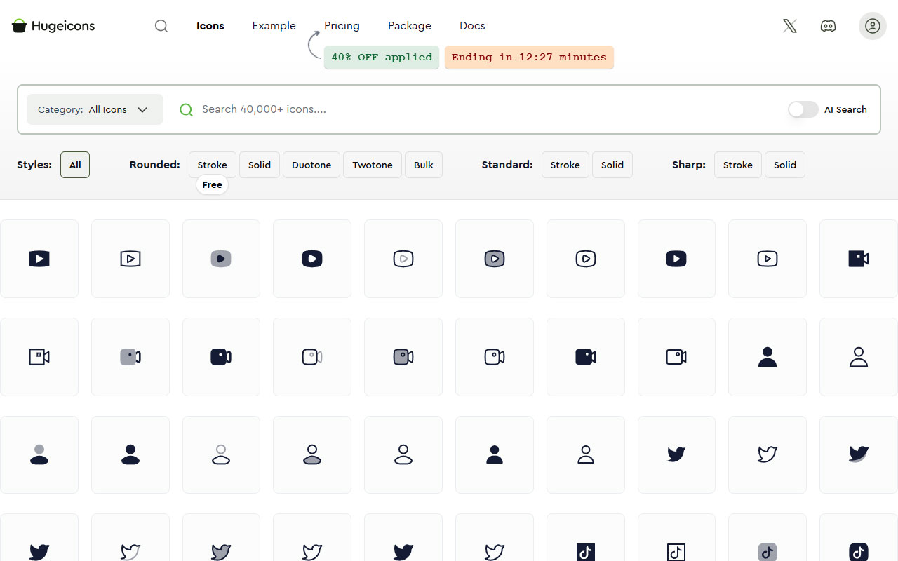 Extensive icon library with over 40,000 scalable, customizable icons in multiple styles and formats, built for modern design workflows.