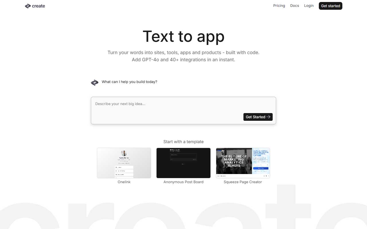 Text to app platform that turns prompts into clickable sites, products, prototypes and app ideas with editable templates.