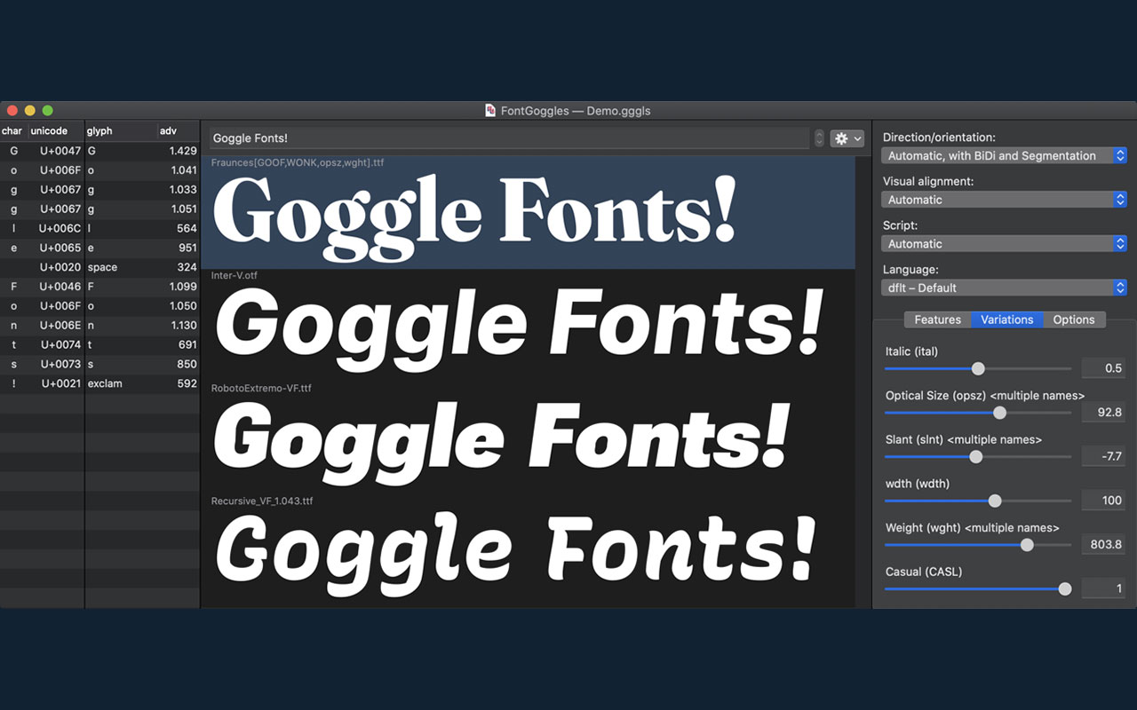 Free desktop tool for previewing, testing and comparing fonts with full support for OpenType features and variable axes.