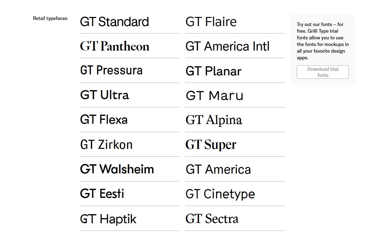 Swiss type foundry featuring a concise collection of typefaces, free trial downloads, and custom font creation services.