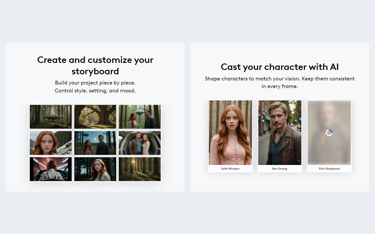Web-based AI filmmaking platform that turns scripts and prompts into visual storyboards, scenes, and trailers with full creative control.
