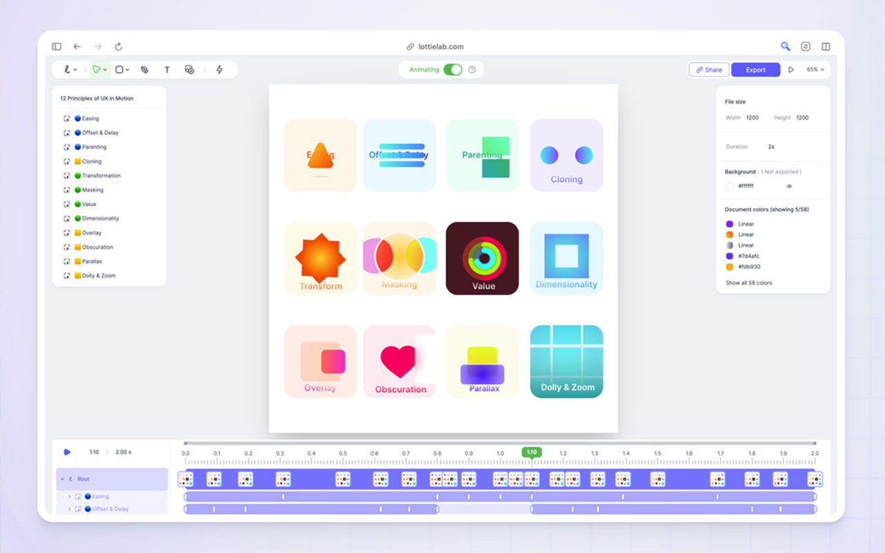 Motion design tool that lets you create and edit Lottie animations in the browser with real-time previews and Figma support baked in.