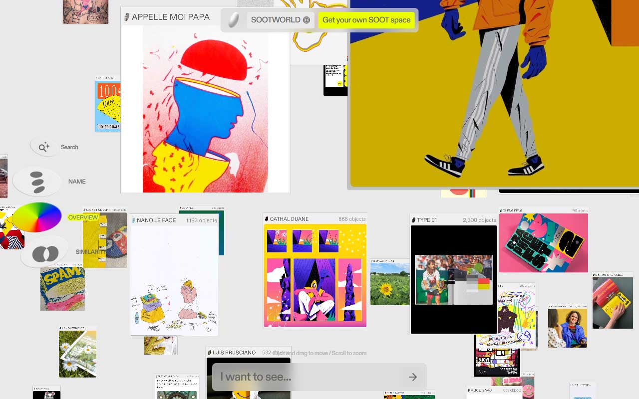 Visual first filing system that maps images and media into an interactive 3 D map with AI powered visual search, multiple spaces and shareable digital archives.