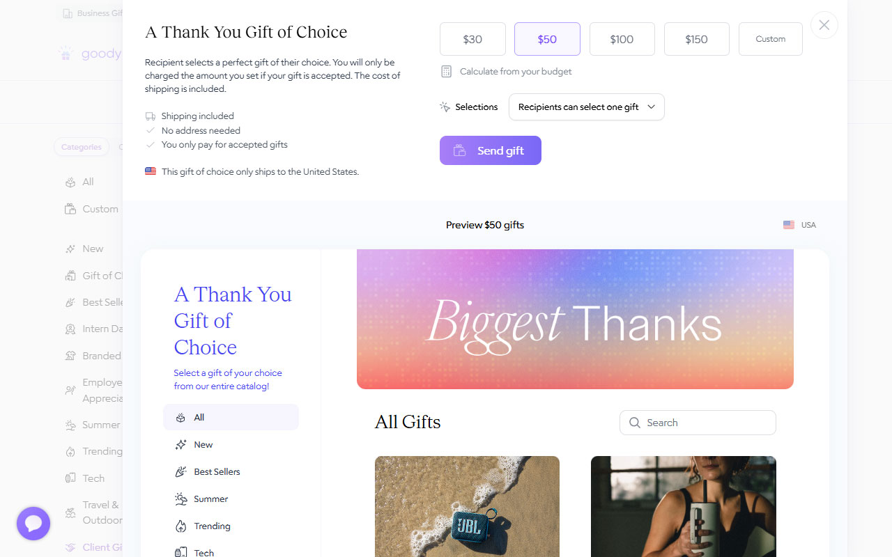 Curated corporate gifting platform that sends physical and digital gifts with only a phone number, offers personalization, campaign tracking and enterprise sending tools.