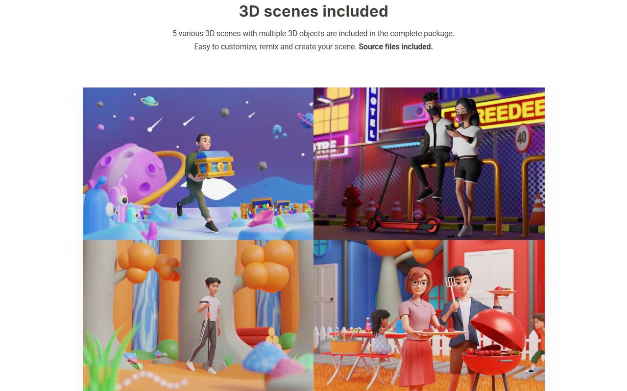 Collection of themed 3D asset packs featuring characters, mascots, icons, vehicles, fonts, and worlds, with Blender source files, and PNG renders.