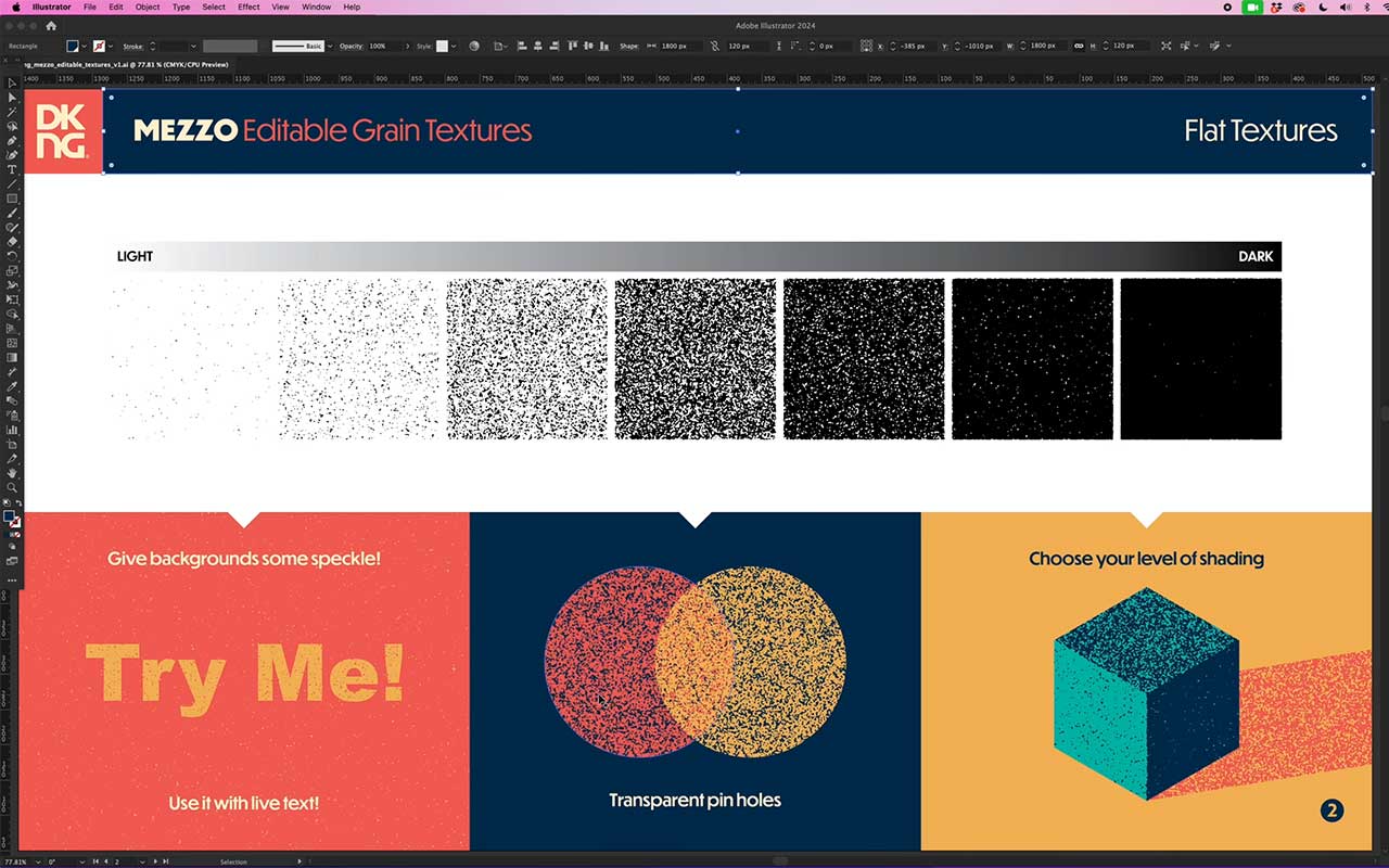 Editable grain texture pack for Adobe Illustrator with fine and coarse sizes, live editable styles, one-click graphic styles, sample files and clear usage notes.