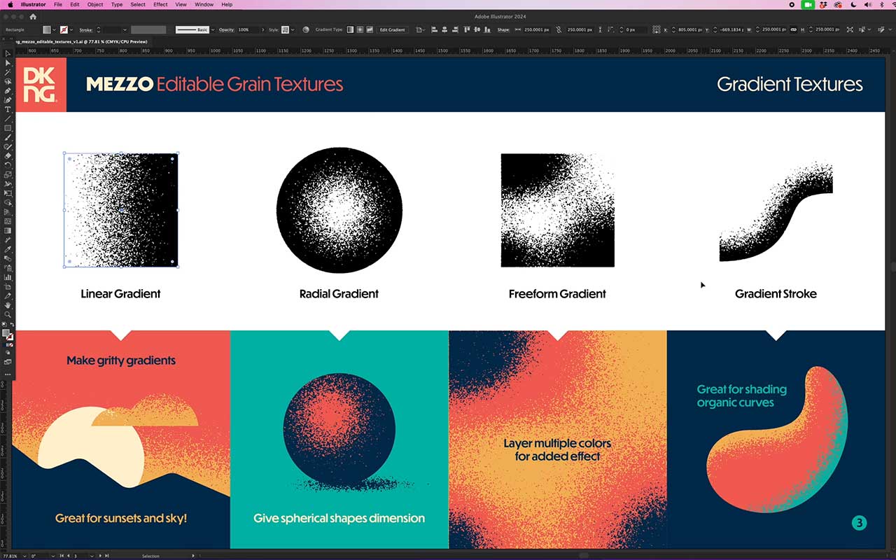 Editable grain texture pack for Adobe Illustrator with fine and coarse sizes, live editable styles, one-click graphic styles, sample files and clear usage notes.