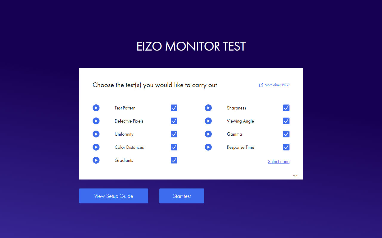 Free browser calibration and monitor test for defective pixels, uniformity, gamma, gradients, sharpness and color distances.