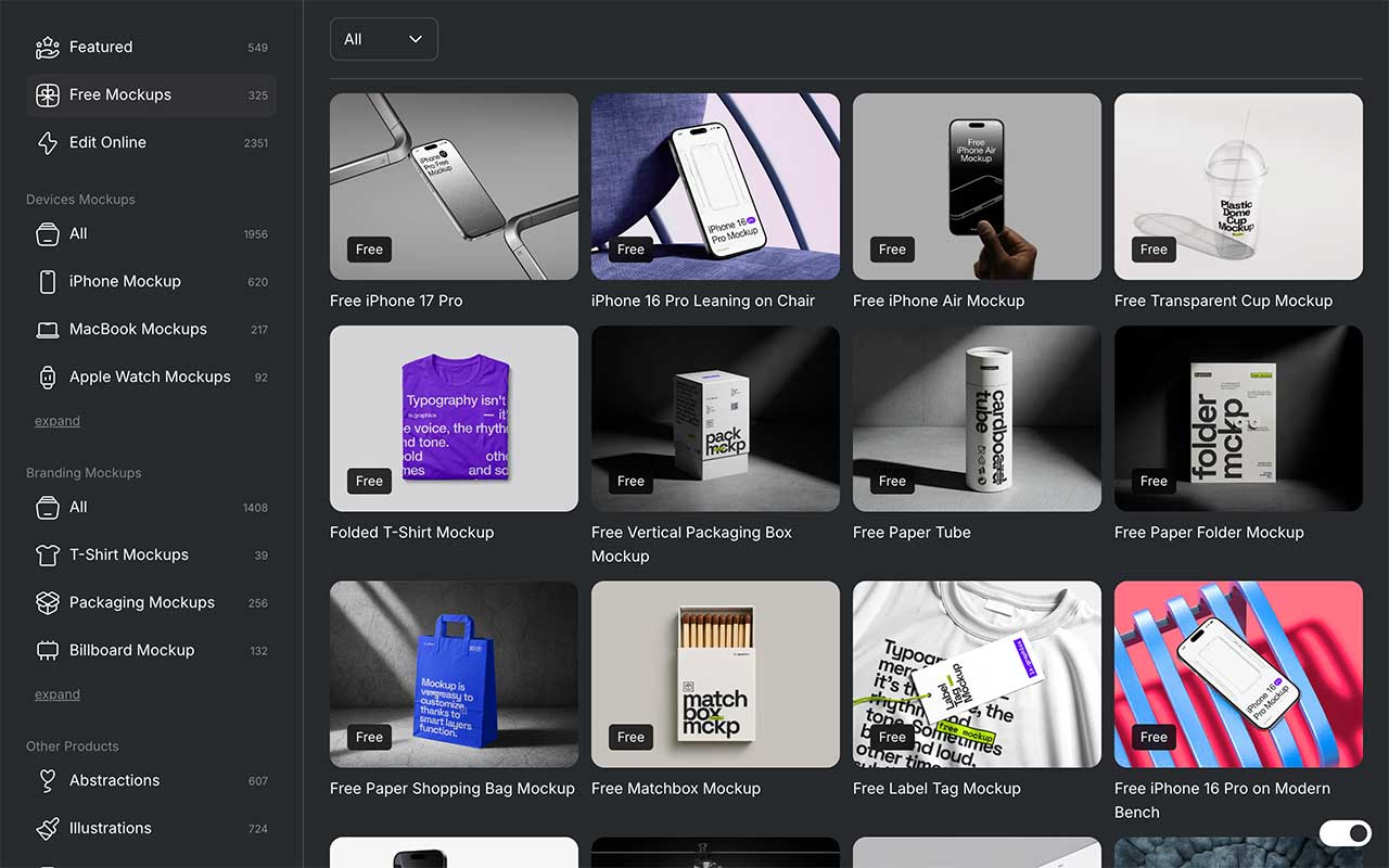 Curated mockup library with high resolution PSD and Figma files, scene packs, isolated shadows, and online editors.
