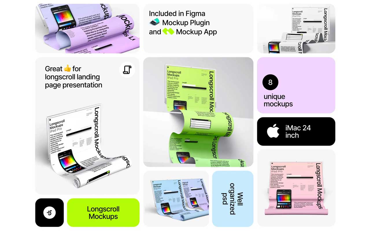 Curated mockup library with high resolution PSD and Figma files, scene packs, isolated shadows, and online editors.