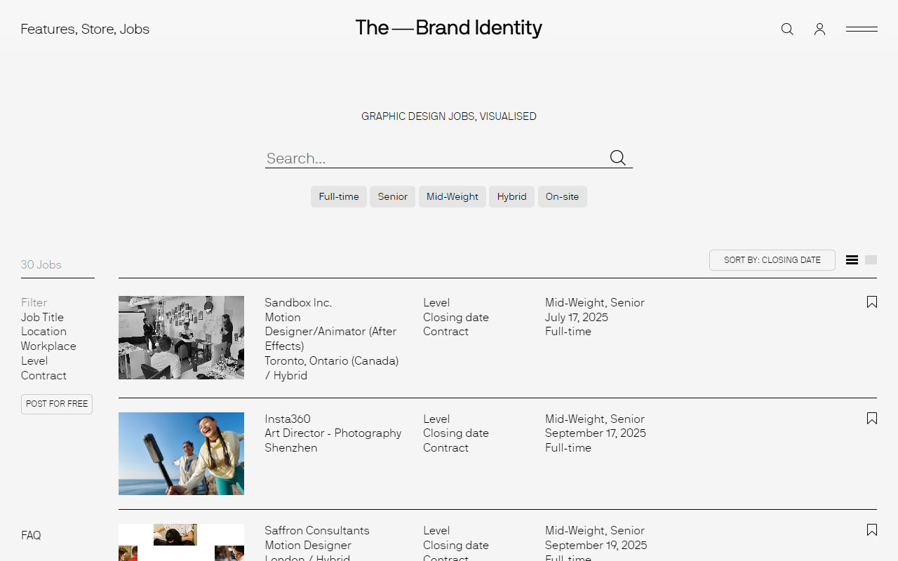Curated jobs page publishing current graphic and brand design listings from quality studios worldwide.