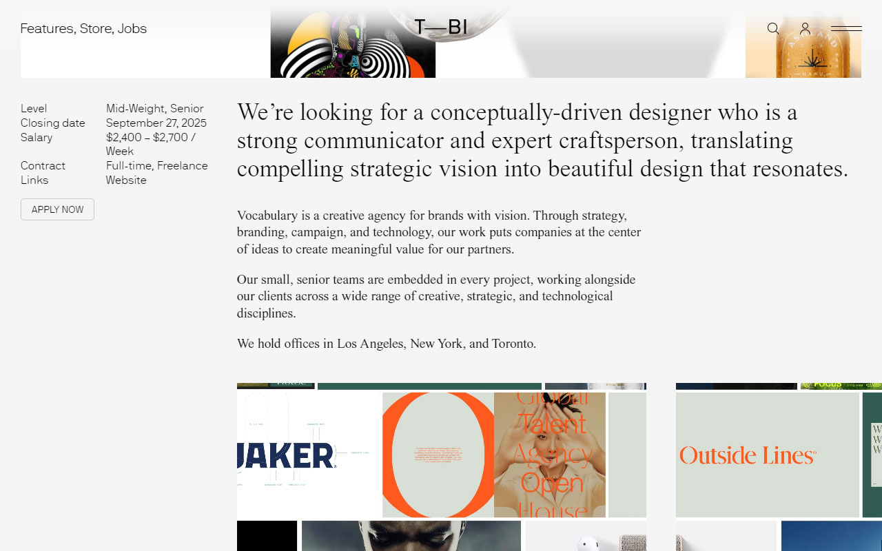 Curated jobs page publishing current graphic and brand design listings from quality studios worldwide.