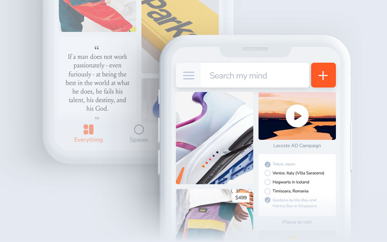Private visual bookmarking and personal knowledge app for saving notes, images, bookmarks, PDFs and highlights and enhanced with AI tagging.