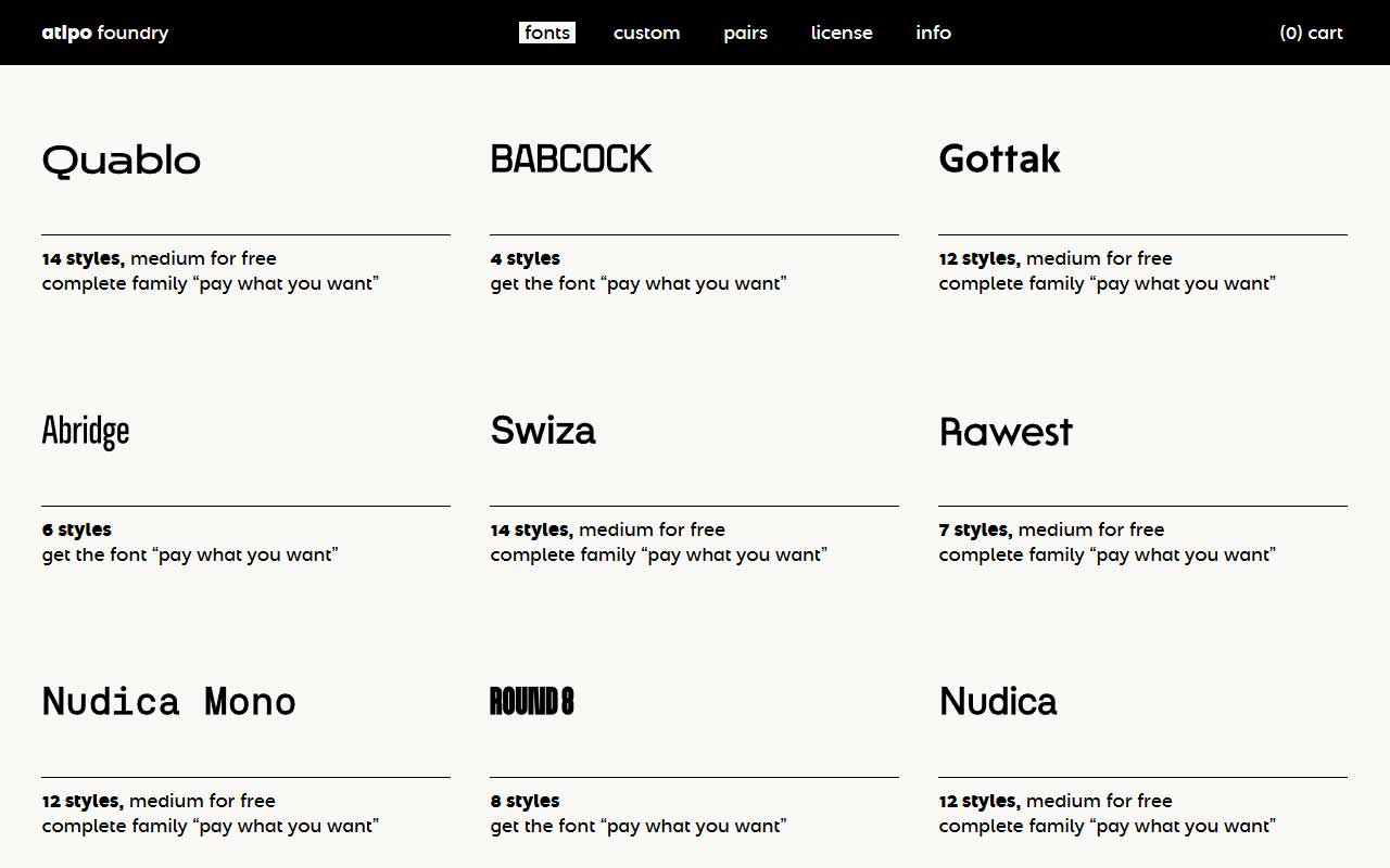 Independent type foundry with a strong retail library, pay-what-you-want pricing, custom type services, and production ready families for global use.