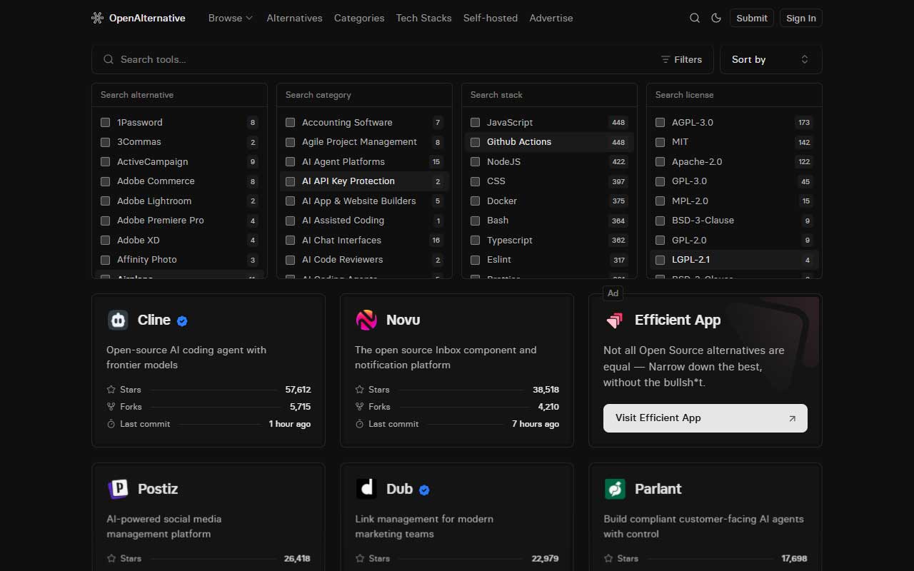 A curated directory of open source alternatives to the software you already pay for, searchable by app so you can find free replacements fast.