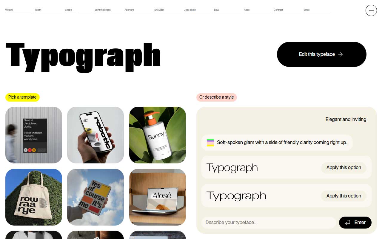 A browser-based typeface builder that puts real typographic control in your hands, letting you shape custom fonts around weight, contrast, aperture, and more.