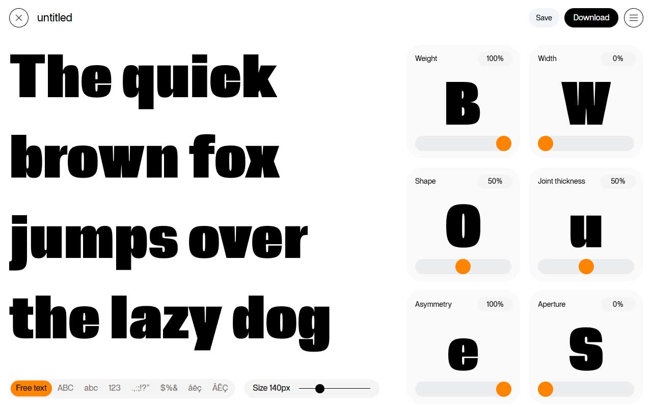 A browser-based typeface builder that puts real typographic control in your hands, letting you shape custom fonts around weight, contrast, aperture, and more.